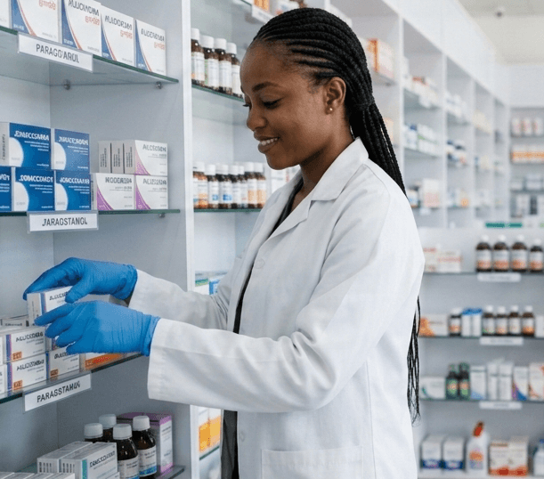 Pharmacist checking inventory